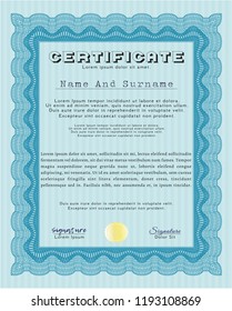 Light blue Sample certificate or diploma. Customizable, Easy to edit and change colors. With quality background. Money Pattern design. 