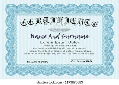 Light blue Sample certificate or diploma. With linear background. Artistry design. Vector illustration. 