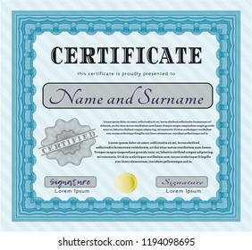 Light blue Sample certificate or diploma. Sophisticated design. With background. Detailed. 