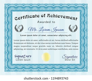Light blue Sample certificate or diploma. Money style design. Detailed. With guilloche pattern and background. 