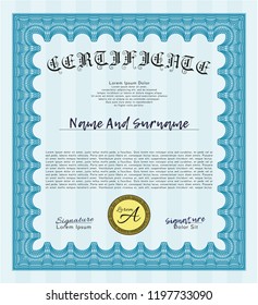 Light blue Sample certificate or diploma. Detailed. Printer friendly. Artistry design. 