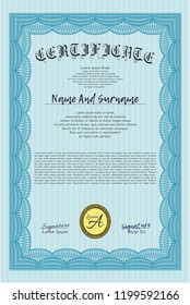Light blue Sample certificate or diploma. With great quality guilloche pattern. Cordial design. Customizable, Easy to edit and change colors. 