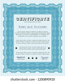 Light blue Sample certificate or diploma. Cordial design. Customizable, Easy to edit and change colors. With background. 