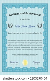 Light blue Sample certificate or diploma. Customizable, Easy to edit and change colors. With guilloche pattern. Beauty design. 