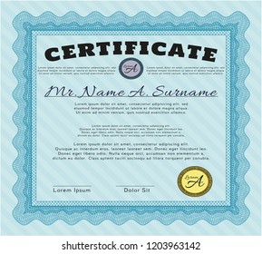 Light blue Sample certificate or diploma. Customizable, Easy to edit and change colors. Printer friendly. Cordial design. 