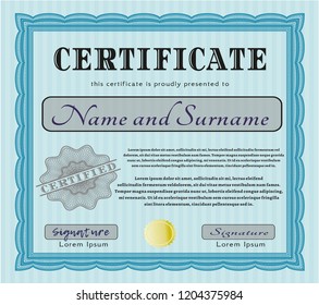 Light blue Sample certificate or diploma. With complex background. Customizable, Easy to edit and change colors. Elegant design. 