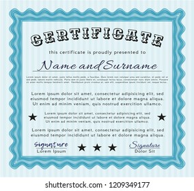 Light blue Sample certificate or diploma. Beauty design. With guilloche pattern. Customizable, Easy to edit and change colors. 