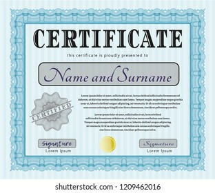 Light blue Sample certificate or diploma. Detailed. Complex background. Good design. 