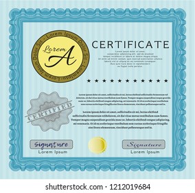 Light blue Sample certificate or diploma. Cordial design. Vector illustration. With complex background. 
