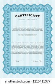 Light blue Sample certificate or diploma. Lovely design. Easy to print. Detailed. 