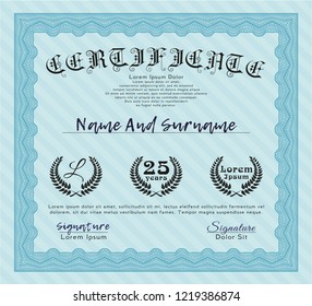 Light blue Sample certificate or diploma. Printer friendly. Money Pattern. Customizable, Easy to edit and change colors. 