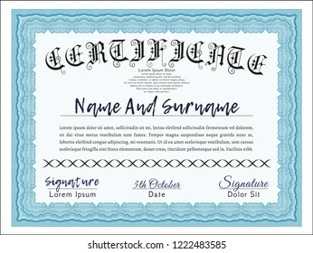 Light blue Sample certificate or diploma. Sophisticated design. With linear background. Vector illustration. 