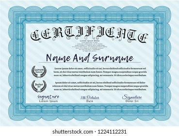 Light blue Sample certificate or diploma. Printer friendly. Detailed. Superior design. 