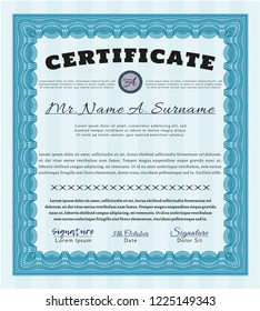 Light blue Sample certificate or diploma. Perfect design. Detailed. With complex background. 