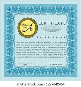Light blue Sample certificate or diploma. With linear background. Excellent design. Vector illustration. 