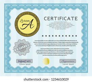 Light blue Sample certificate or diploma. With complex background. Customizable, Easy to edit and change colors. Good design. 