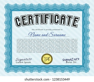 Light blue Sample certificate or diploma. With guilloche pattern. Vector illustration. Beauty design. 