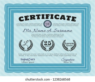 Light blue Sample certificate or diploma. Sophisticated design. With quality background. Customizable, Easy to edit and change colors. 