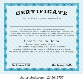 Light blue Sample certificate or diploma. With background. Money Pattern. Customizable, Easy to edit and change colors. 