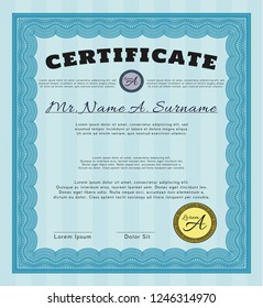Light blue Sample certificate or diploma. Excellent design. Detailed. With linear background. 