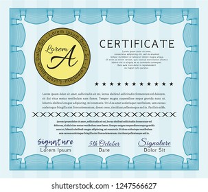 Light blue Sample certificate or diploma. Good design. Detailed. Easy to print. 