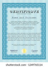 Light blue Sample certificate or diploma. Nice design. With great quality guilloche pattern. Vector illustration. 