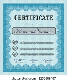 Light blue Sample certificate or diploma. Money Pattern design. With linear background. Customizable, Easy to edit and change colors. 