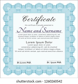 Light blue Sample certificate or diploma. Customizable, Easy to edit and change colors. With great quality guilloche pattern. Superior design. 