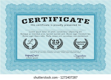 Light blue Sample certificate or diploma. Easy to print. Sophisticated design. Vector illustration. 
