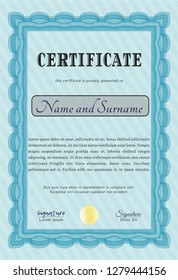 Light blue Sample certificate or diploma. Vector illustration. With great quality guilloche pattern. Lovely design. 