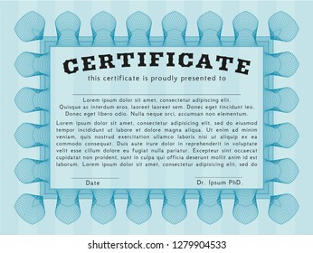 Light blue Sample certificate or diploma. With linear background. Modern design. Vector illustration. 