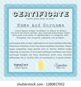 Light blue Sample certificate or diploma. With guilloche pattern. Vector illustration. Retro design. 