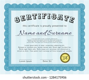 Light blue Sample certificate or diploma. Detailed. Easy to print. Elegant design. 