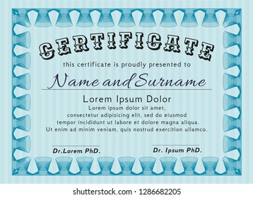 Light blue Sample certificate or diploma. Sophisticated design. Detailed. Easy to print. 
