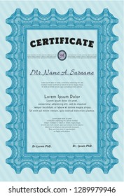 Light blue Sample certificate or diploma. Money Pattern. With quality background. Vector illustration. 