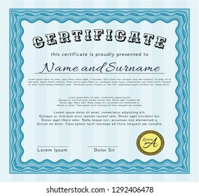 Light blue Sample certificate or diploma. Easy to print. Customizable, Easy to edit and change colors. Retro design. 