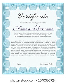 Light blue Sample certificate or diploma. Nice design. With linear background. Detailed. 