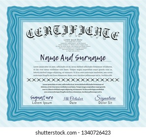 Light blue Sample certificate or diploma. Detailed. Printer friendly. Money style design. 