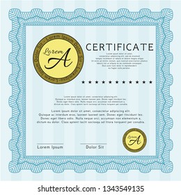 Light blue Sample certificate or diploma. Vector illustration. With great quality guilloche pattern. Money Pattern design. 