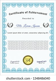 Light blue Sample certificate or diploma. Superior design. With quality background. Customizable, Easy to edit and change colors. 