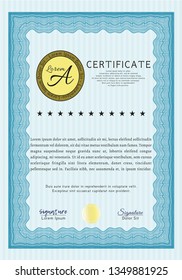 Light blue Sample certificate or diploma. With guilloche pattern. Retro design. Detailed. 