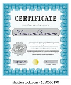 Light blue Sample certificate or diploma. Retro design. With great quality guilloche pattern. Detailed. 