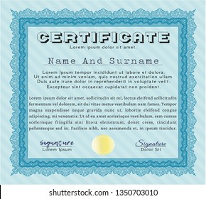 Light blue Sample certificate or diploma. Nice design. Customizable, Easy to edit and change colors. With great quality guilloche pattern. 