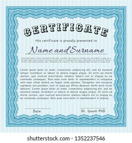 Light blue Sample certificate or diploma. With complex linear background. Customizable, Easy to edit and change colors. Money design. 
