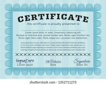Light blue Sample certificate or diploma. Excellent design. Detailed. With complex background. 