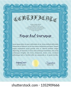 Light blue Sample certificate or diploma. With guilloche pattern. Detailed. Good design. 