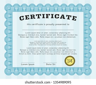 Light blue Sample certificate or diploma. With background. Vector illustration. Superior design. 