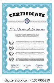 Light blue Sample certificate or diploma. Superior design. With quality background. Detailed. 
