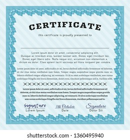 Light blue Sample certificate or diploma. With complex background. Excellent design. Detailed. 