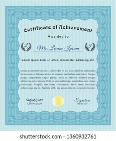Light blue Sample certificate or diploma. With complex linear background. Excellent design. Vector illustration. 